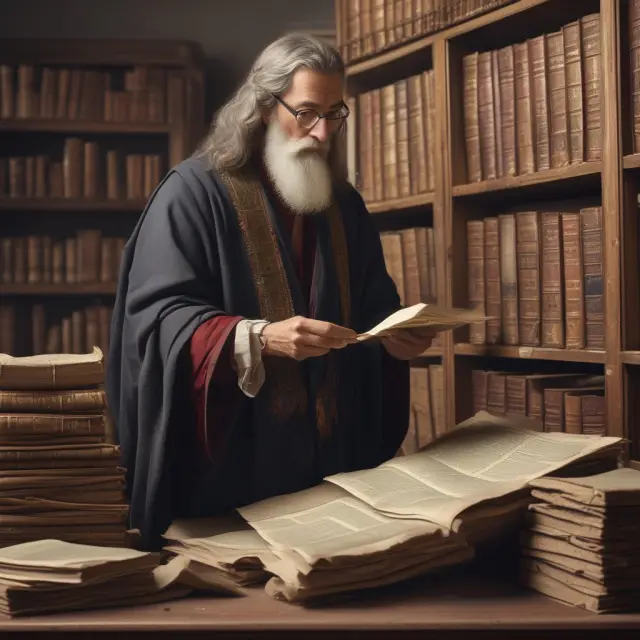 An ancient librarian unfurling scrolls, symbolizing timely flow of funds data from the Federal Reserve