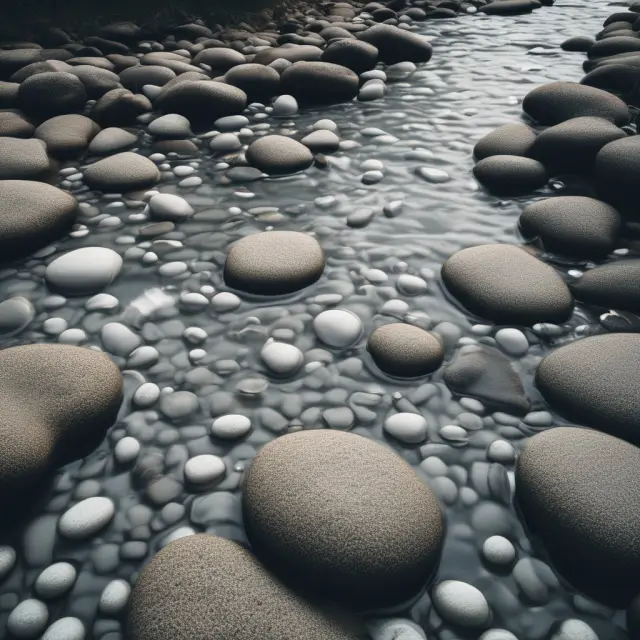 A meandering river filled with ambiguous pebbles, representing the challenges and criticisms towards Flow of Funds Accounts