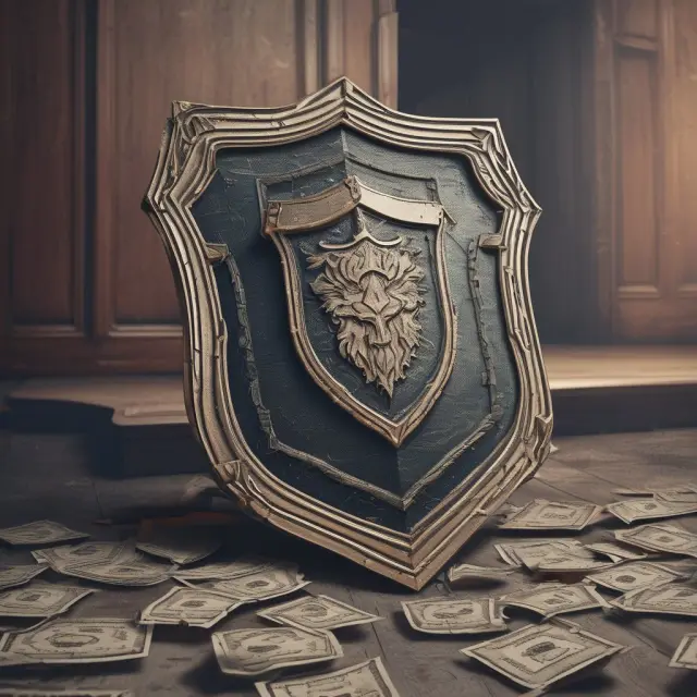 An investor holding a large, golden shield adorned with Fill or Kill order symbols, defending against turbulent financial markets