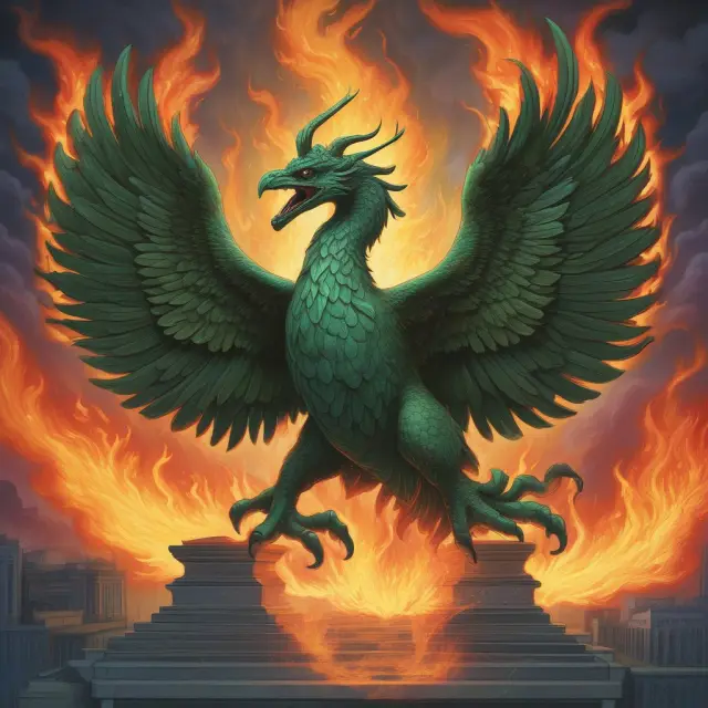 An image of a jade phoenix emerging from four regional banks representing the Federal Reserve System