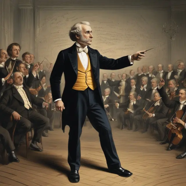 An orchestra maestro, symbolizing the FOMC, conducting a historic symphony of economic variables like interest rates and inflation on a timeline representing various eras.