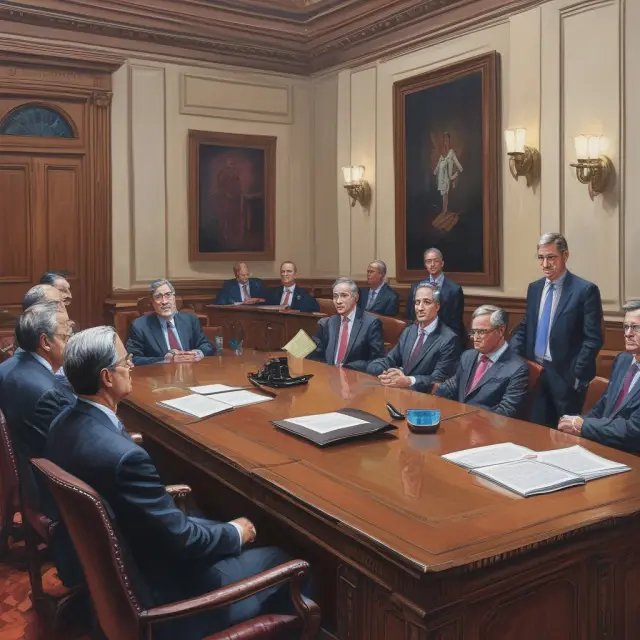 Jerome Powell presiding over the FOMC meeting with diverse members, discussing monetary policy and interest rate decisions.