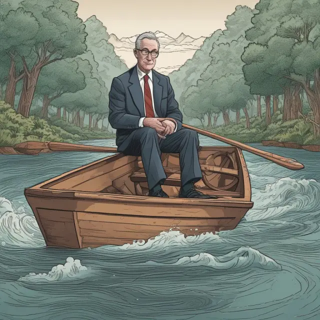 Image of Federal Reserve chair steering a raft through a winding river, symbolizing the impact of monetary policy decisions on interest rates and economic trends