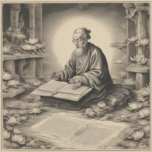An image of a scholarly figure deep in thought as they study complex financial statements, with footnotes appearing as lotus flowers blooming around them for clarity and revelation