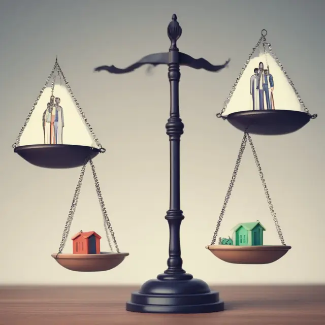 A real estate agent holding a balance scale, with a buyer
