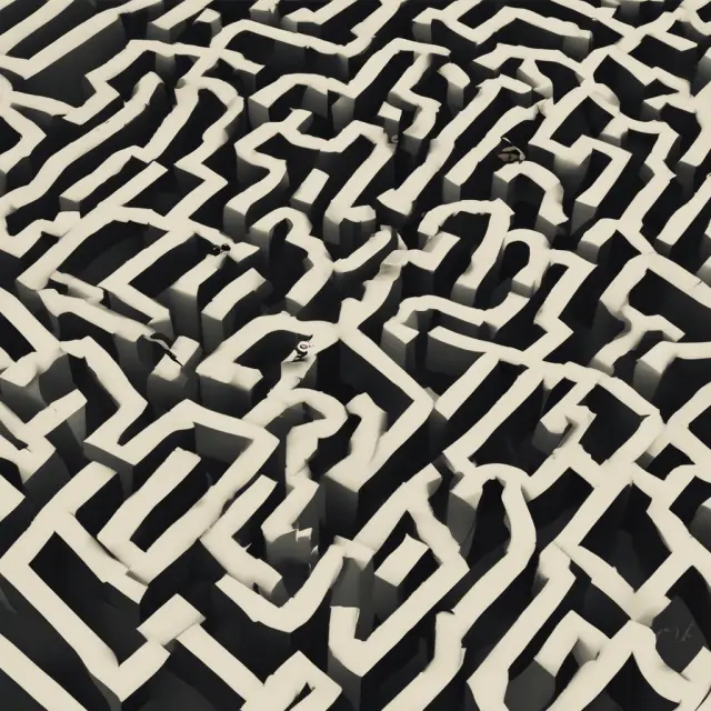 An illustration of an intricate maze with a person holding a question mark, symbolizing FSBO sellers seeking guidance to overcome challenges and find the optimal path for a successful sale.