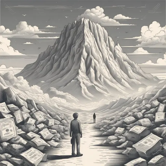Borrower in front of a large pile of missed loan installments, engaging in negotiations with a sympathetic lender for repayment plan options