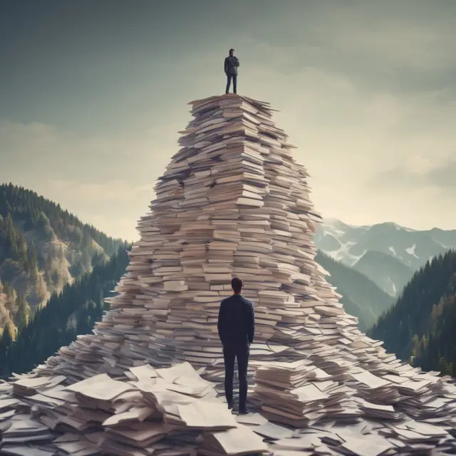 Person assessing forbearance consequences on credit score, mountains symbolize large decisions