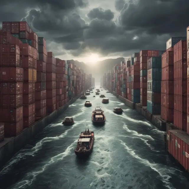 A storm-disrupted canal impedes the connection between two interlocking gear wheels, symbolizing a force majeure event impacting contractual obligations