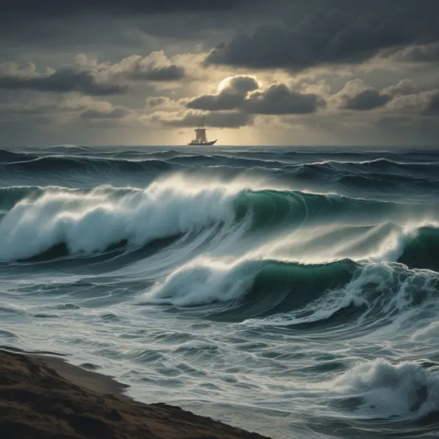 A turbulent ocean with ships representing contracts, waves symbolizing unforeseen events like hurricanes or wars, and both shores illustrating affected parties