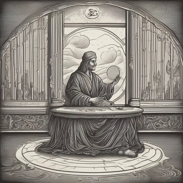 A wise forecaster examines a crystal ball filled with financial charts and data, making predictions for future market trends