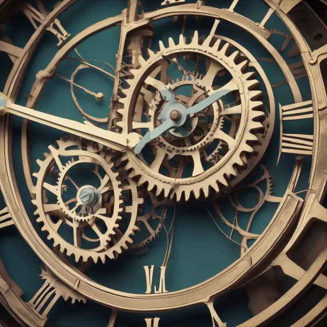 Clock gears symbolizing Box-Jenkins Model (AR, MA, D), differencing, and moving averages in time series analysis
