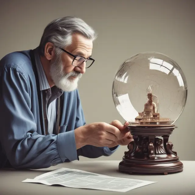 Statistician examining data within a crystal ball to uncover causal relationships in econometrics