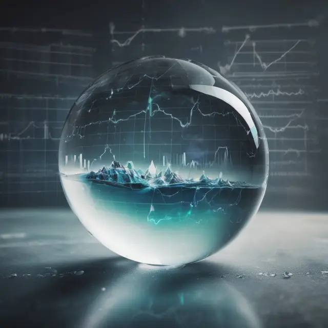 Crystal ball displaying unclear financial charts and experts discussing, emphasizing the inherent uncertainty in forecasting