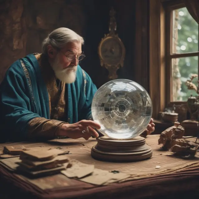 Oracle examining crystal ball displaying charts and data points, symbolizing the fusion of expert opinions and quantitative techniques in financial forecasting