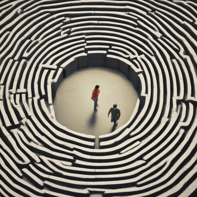 A borrower navigates a winding path, encountering missed payments notices and demand letters in a metaphorical labyrinth.