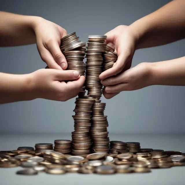 Two hands stacked with coins illustrating mutual fund fees, juxtaposed with a larger pile of potential returns