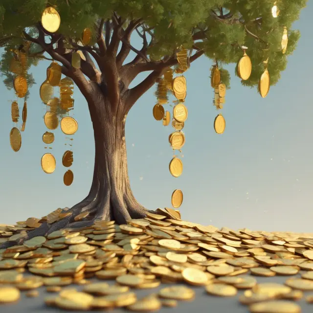 A flourishing tree sheds golden coins representing breakpoint discounts, enhancing long-term returns