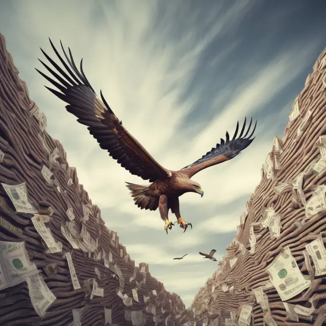 A golden eagle soaring above a complex labyrinth of financial reports and account statements represents FATCA