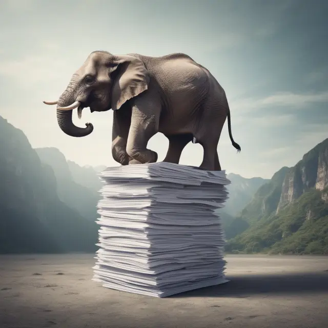 An elephant carries mountains of Form 8938 documents, representing the significant responsibility and potential consequences under FATCA for non-compliance.