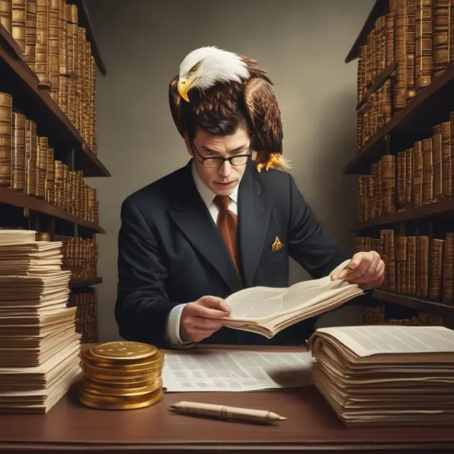 An eagle carefully reviewing records on golden tablets, symbolizing compliance with the FCPA