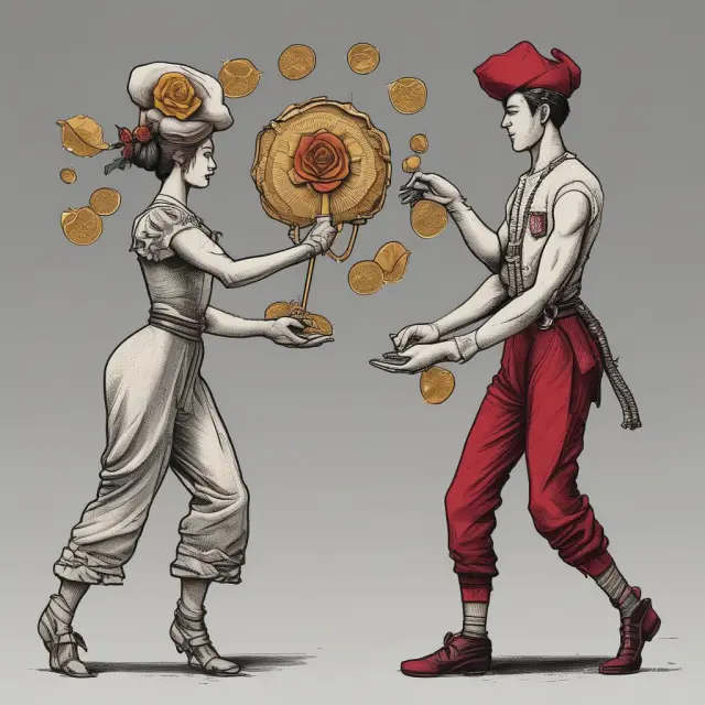 Two dancers exchange roses (fixed) for coins (floating), representing fixed-for-floating rate swaps in finance