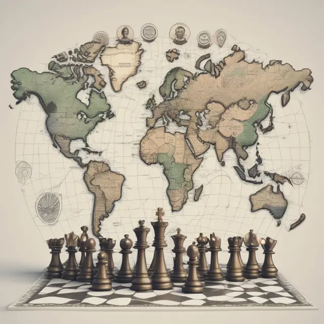 An intricate world map filled with interconnected chess pieces representing different countries engaging in foreign currency swaps to manage exchange risks and access cheaper borrowing.