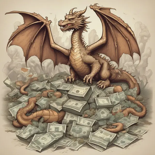 A mythical dragon guarding piles of gold coins, banknotes, bonds, and treasury bills symbolizing diverse foreign exchange reserves