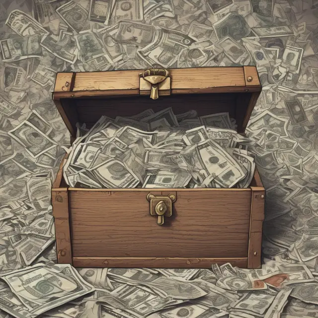 Central bank with a treasure chest symbolizing foreign exchange reserves, filled with bags of diverse currencies (USD, GBP, EUR, CNY, and JPY)