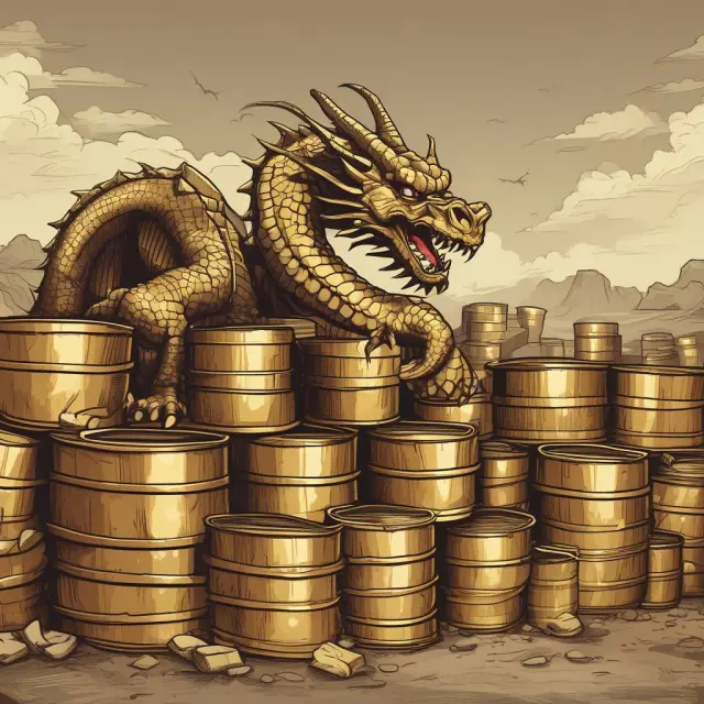A dragon with a golden crown holds stacks of gold coins and a multitude of oil barrels, representing the immense foreign exchange reserves of China and Saudi Arabia