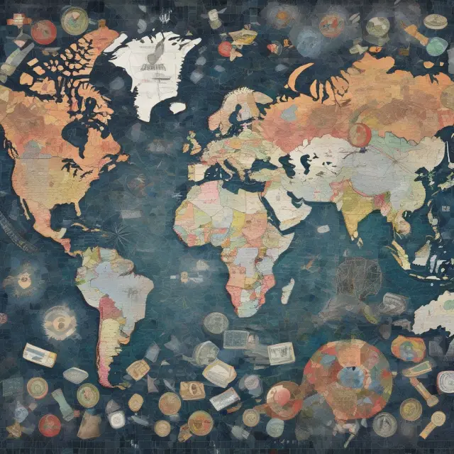 Mosaic of major currencies (USD, EUR, JPY, CHF, GBP) intertwined with a world map, illustrating the significance of foreign currency reserves in financial stability and risk management.