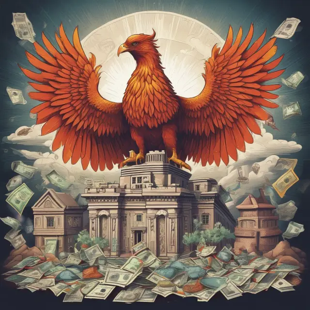 Fortress filled with various currencies guarded by a reborn phoenix, representing financial resilience through foreign exchange reserves