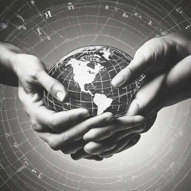 A hand holding a globe represents FDI, while another hand forming a stock exchange symbol illustrates FPI. The hands are connected, signifying interdependence and economic interaction