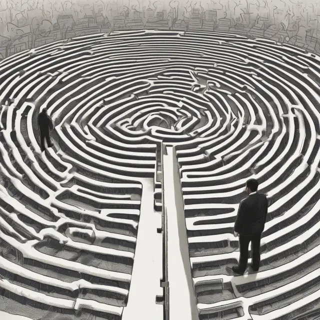 A foreign investor standing at the entrance of a maze, facing challenges of political instability, currency fluctuations, and ethical considerations