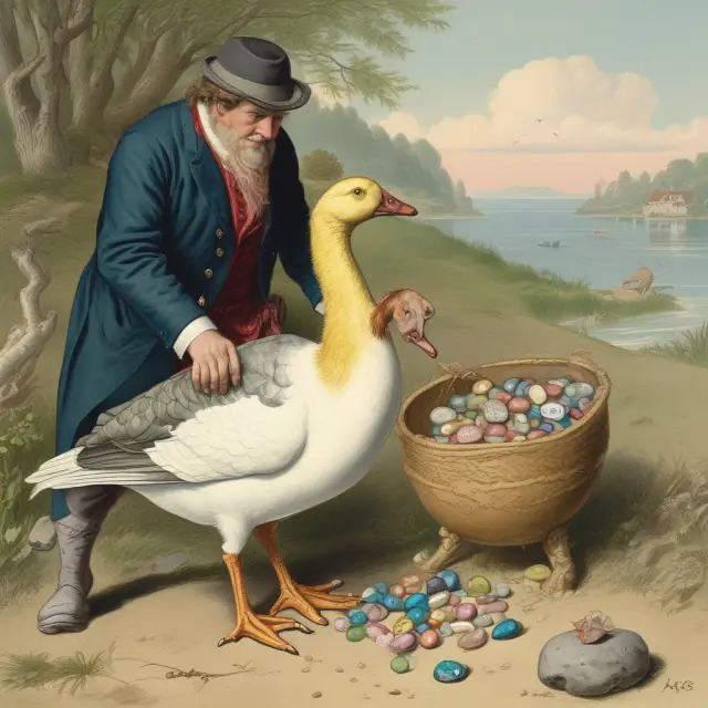 A golden goose lays precious stone eggs symbolizing foreign-source income, while an IRS agent collects tax credits, illustrating estates and trusts