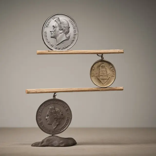 A balancing coin represents home currency versus foreign currency in a seesaw, symbolizing the unpredictable nature of foreign exchange rates and the risks faced by institutional investors.