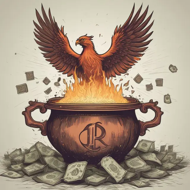 A mythical Phoenix rising above a cauldron of currency symbols, representing central bank