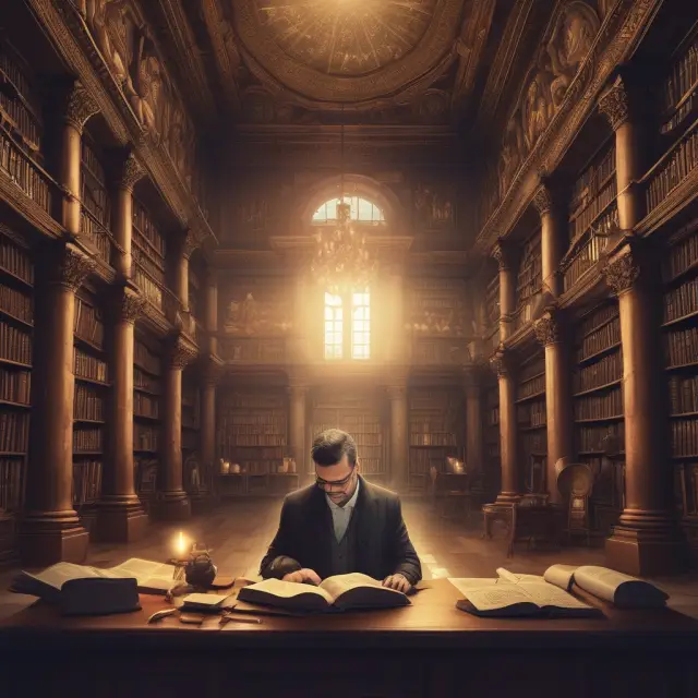 An investigative forensic accountant examines historical records and financial documents within a dimly lit library to uncover hidden truths and irregularities