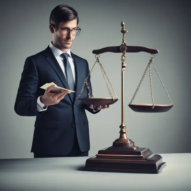 A forensic accountant delicately weighs tangible and intangible damages using a digital scale, with financial records in the background.