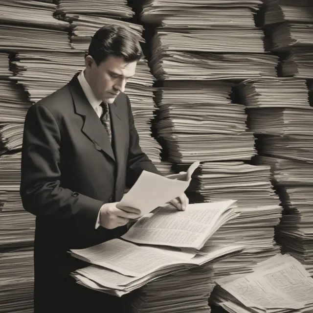 A forensic accountant meticulously examining piles of historical documents to uncover industry secrets and ensure financial integrity.