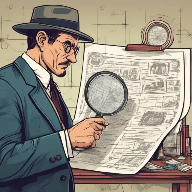 A detective figure with a magnifying glass scrutinizes intricate financial charts to uncover fraudulent activities, representing forensic accounting.