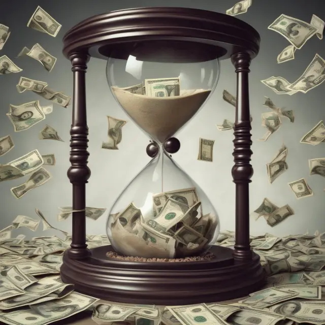 An enormous hourglass teeming with currency symbols, representing the vast trading volume and continuous flow of the Forex Market.