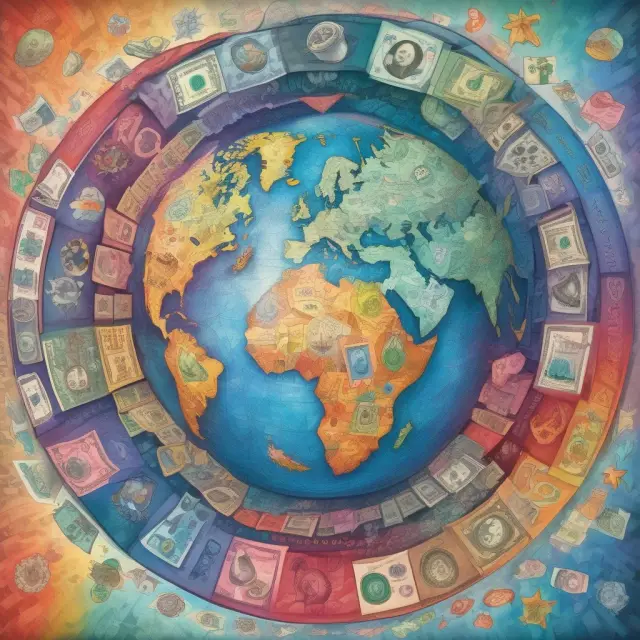 Colorful representation of various currency pairs rotating around a globetrotting kaleidoscope, emphasizing political, economic, and market risks in the forex market
