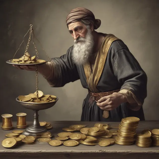 A medieval trader evaluates coins on a scale, representing the trade-off between benefits and costs in forfaiting.