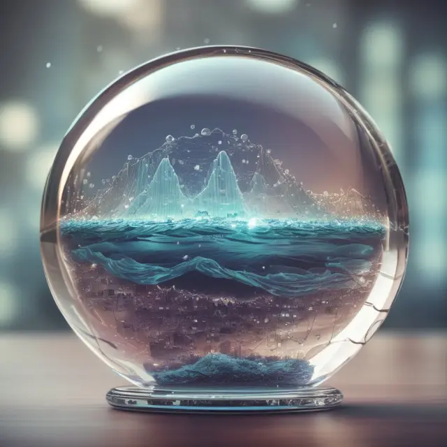 Crystal ball depicting digital waves symbolizing trends shaping the future of forfaiting, including digitalization, emerging markets, regulatory changes, and sustainable finance