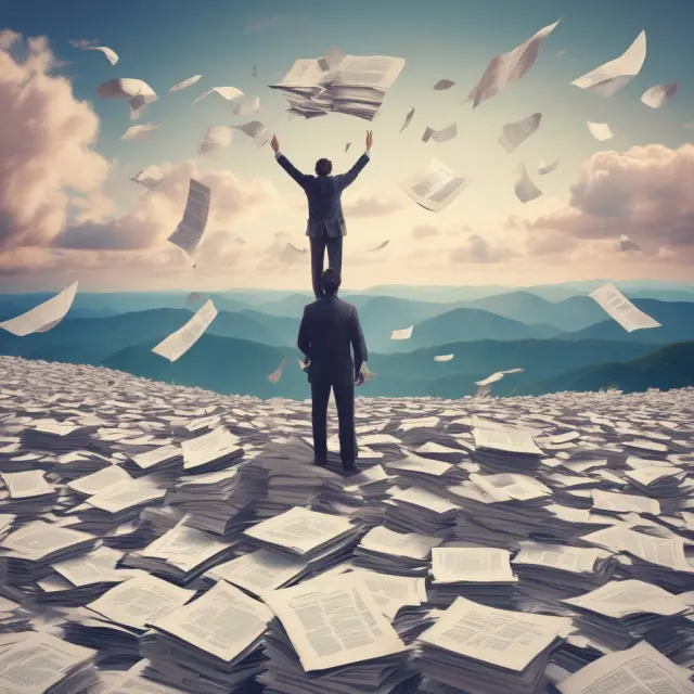 A taxpayer on a mountain with various forms including Form 1045 and related documents.