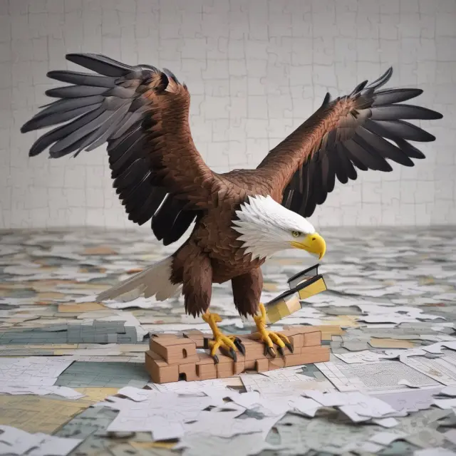 An eagle putting together jigsaw pieces of tax forms such as 4562, 1125-A, 4797, Forms 1099, Form 8918, and Form 114 on a table