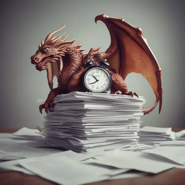 An IRS dragon guards a stack of Form 1065 documents, emphasizing tax return deadlines, late filing fees, and interest charges.
