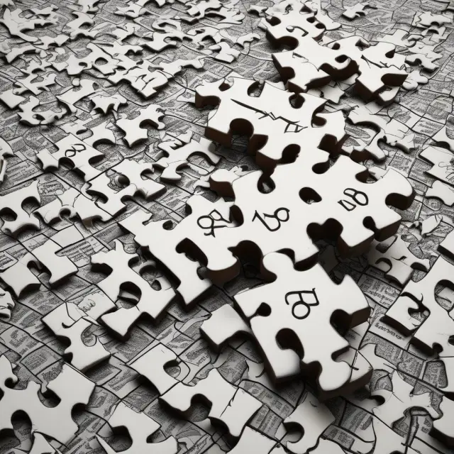 Form 1099-B piecing together a jigsaw puzzle representing capital gains, filled with transactional data and taxpayer identification numbers.