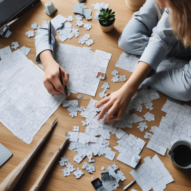 Taxpayer organizes Schedule D, Form 8949, and Form 1099-B puzzle pieces for tax filing, symbolizing the intricate process of reporting capital gains and losses